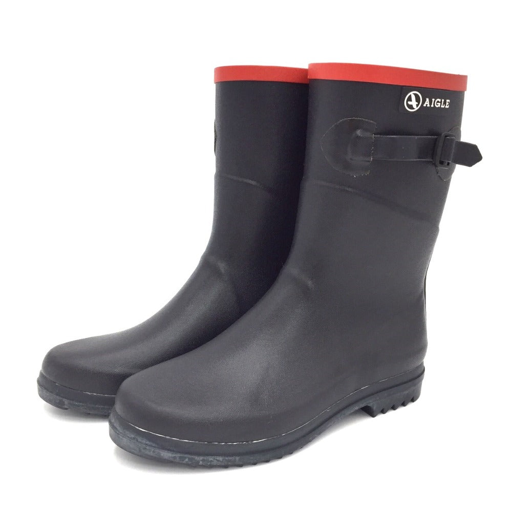 AIGLE (エーグル) レインブーツ AIGLE　レインブーツ　レインシューズ　ミドル丈　ブラック×レッド　37　23.5cm 長さ26.5cm 美品