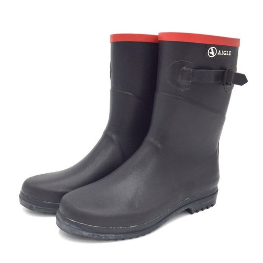 AIGLE (エーグル) レインブーツ AIGLE　レインブーツ　レインシューズ　ミドル丈　ブラック×レッド　37　23.5cm 長さ26.5cm 美品