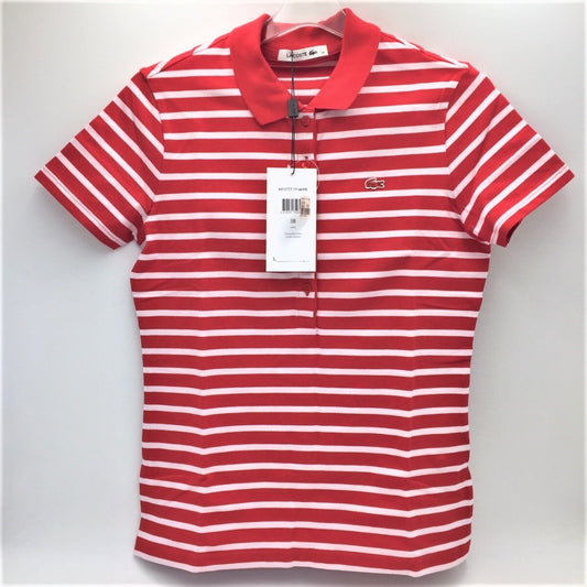 LACOSTE (ラコステ) ポロシャツ LACOSTE ボーダーポロシャツ 38 レッド×ピンク PF1777 半そで PF1777 未使用品